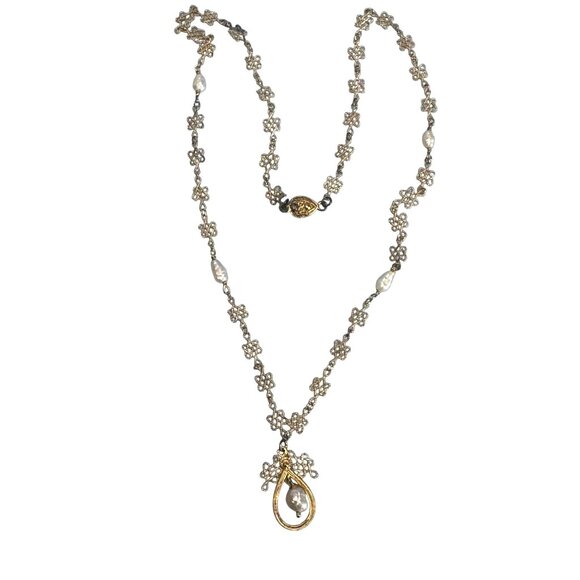 Franklin Mint 22K GEP Sterling Silver Necklace with Baroque Cultured Pearls 17" - Picture 2 of 8